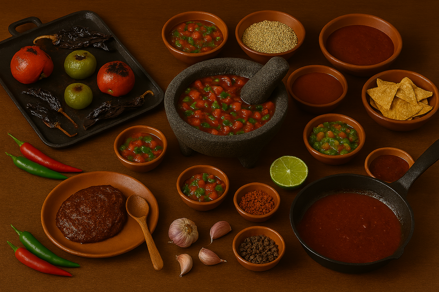 Rustic Mexican table with roasted tomatoes, tomatillos, chiles on a comal, molcajete salsa, simmering sauce, and traditional ingredients.
