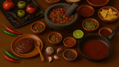 Rustic Mexican table with roasted tomatoes, tomatillos, chiles on a comal, molcajete salsa, simmering sauce, and traditional ingredients.