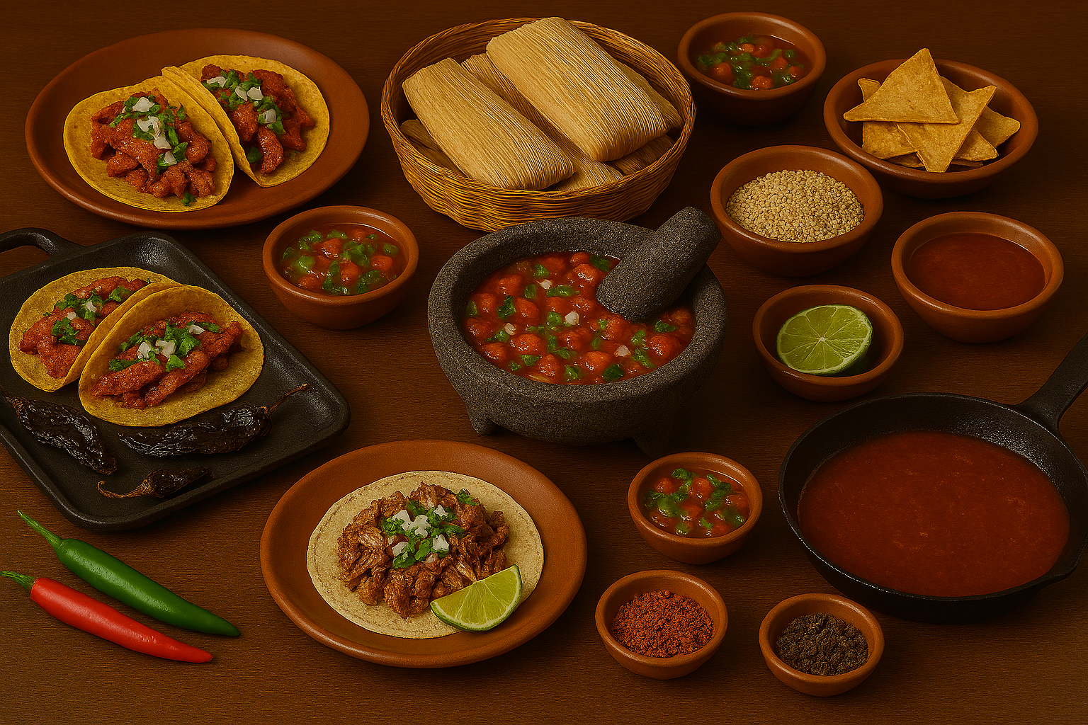 Rustic Mexican table with tacos al pastor, carnitas taco, tamales, chiles rellenos, tortilla chips, and fresh salsas.