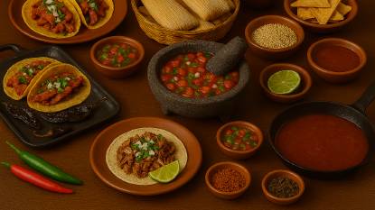 Rustic Mexican table with tacos al pastor, carnitas taco, tamales, chiles rellenos, tortilla chips, and fresh salsas.