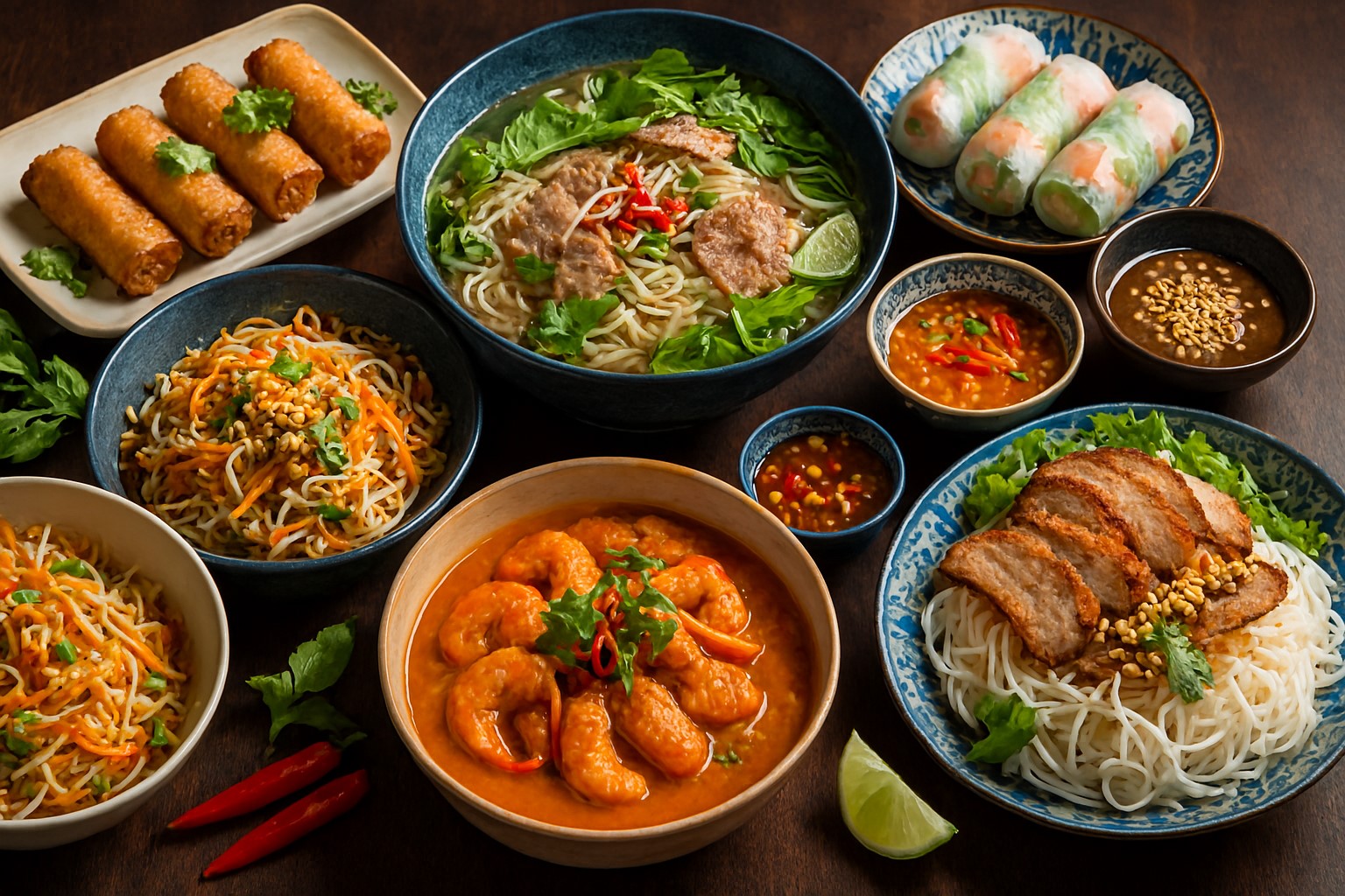 A Vietnamese buffet arranged on a dark wooden table. Dishes include pho with beef and herbs, crispy fried spring rolls, grilled pork over rice noodles, shrimp curry, stir-fried noodles, fresh spring rolls, and dipping sauces. Garnishes like lime wedges, red chili, and basil are scattered throughout..