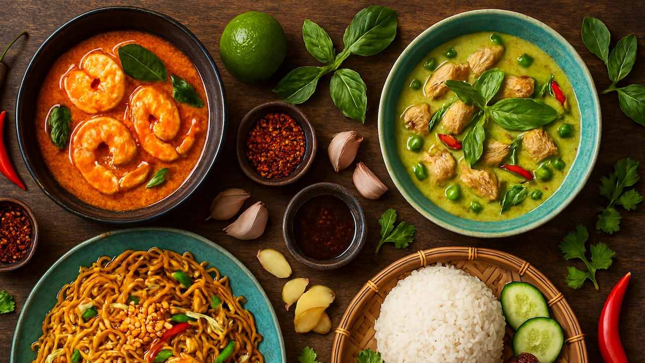 Overhead view of a rustic wooden table featuring Southeast Asian dishes: Thai red curry with shrimp, green curry with chicken, stir-fried noodles with bean sprouts and lime, and grilled meat with jasmine rice. Surrounded by fresh herbs, chilies, garlic, ginger, and dipping sauces.
