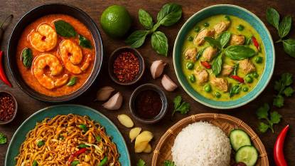 Overhead view of a rustic wooden table featuring Southeast Asian dishes: Thai red curry with shrimp, green curry with chicken, stir-fried noodles with bean sprouts and lime, and grilled meat with jasmine rice. Surrounded by fresh herbs, chilies, garlic, ginger, and dipping sauces.