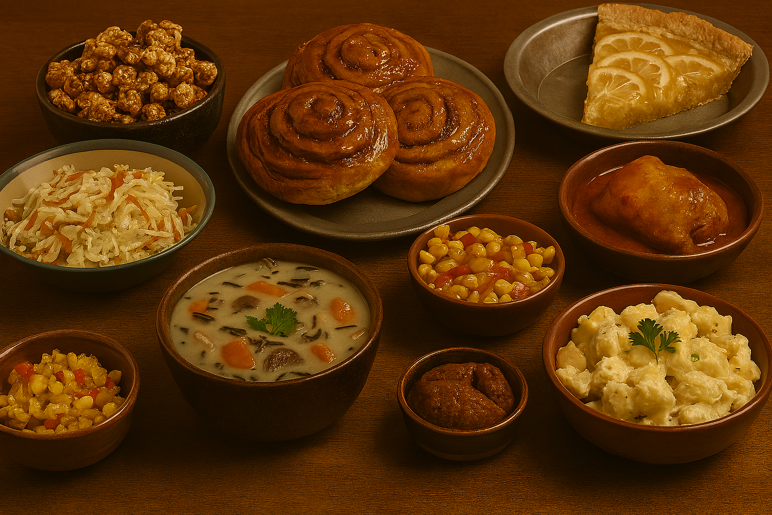 Traditional Midwestern dishes arranged on a rustic wooden table. In the foreground, a ceramic bowl holds wild rice soup with visible carrots, celery, mushrooms, and a parsley garnish. To the left, a muted blue-green bowl contains creamy coleslaw with shredded cabbage and carrots. Nearby, caramel corn glistens in a dark ceramic bowl. Centered are three cinnamon rolls swirled with caramel glaze on a gray plate. To the right, a stuffed cabbage roll sits in tomato sauce in a reddish-brown bowl. Potato salad with herbs is served in a round ceramic dish, and corn relish with red peppers and onions appears in a shallow bowl. In the top right corner, a metal pie plate holds a slice of Shaker lemon pie with translucent lemon slices embedded in custard, framed by a golden crust. The lighting is warm and soft, highlighting the textures and colors of each dish.