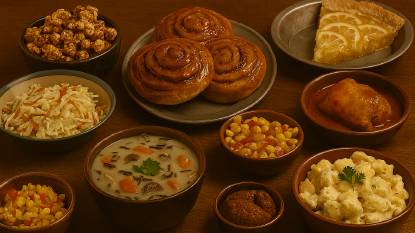 Traditional Midwestern dishes arranged on a rustic wooden table. In the foreground, a ceramic bowl holds wild rice soup with visible carrots, celery, mushrooms, and a parsley garnish. To the left, a muted blue-green bowl contains creamy coleslaw with shredded cabbage and carrots. Nearby, caramel corn glistens in a dark ceramic bowl. Centered are three cinnamon rolls swirled with caramel glaze on a gray plate. To the right, a stuffed cabbage roll sits in tomato sauce in a reddish-brown bowl. Potato salad with herbs is served in a round ceramic dish, and corn relish with red peppers and onions appears in a shallow bowl. In the top right corner, a metal pie plate holds a slice of Shaker lemon pie with translucent lemon slices embedded in custard, framed by a golden crust. The lighting is warm and soft, highlighting the textures and colors of each dish.