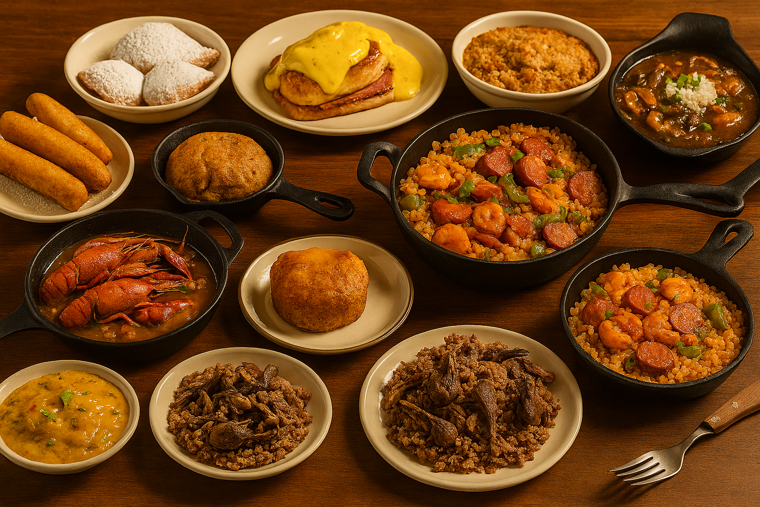 A richly styled editorial image displays a curated spread of Southern American dishes on a rustic wooden table. Featured items include crawfish étouffée in a cast iron skillet with golden gravy and vegetables; jambalaya with shrimp and sausage; cracklin' bread and corn dodgers; powdered sugar-dusted beignets; Chicken Rochambeau with hollandaise over ham and toast; scalloped oysters with a golden breadcrumb crust; gumbo filé with shrimp, sausage, and okra over rice; Hoppin’ John with black-eyed peas and rice; and rice bird pilau with visible pieces of game bird. The presentation highlights the diversity of Southern culinary traditions—Creole, Cajun, soul food, and pan-Southern staples—served in cast iron and ceramic dishes under warm lighting.