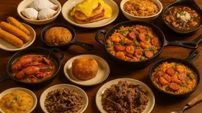 A richly styled editorial image displays a curated spread of Southern American dishes on a rustic wooden table. Featured items include crawfish étouffée in a cast iron skillet with golden gravy and vegetables; jambalaya with shrimp and sausage; cracklin' bread and corn dodgers; powdered sugar-dusted beignets; Chicken Rochambeau with hollandaise over ham and toast; scalloped oysters with a golden breadcrumb crust; gumbo filé with shrimp, sausage, and okra over rice; Hoppin’ John with black-eyed peas and rice; and rice bird pilau with visible pieces of game bird. The presentation highlights the diversity of Southern culinary traditions—Creole, Cajun, soul food, and pan-Southern staples—served in cast iron and ceramic dishes under warm lighting.