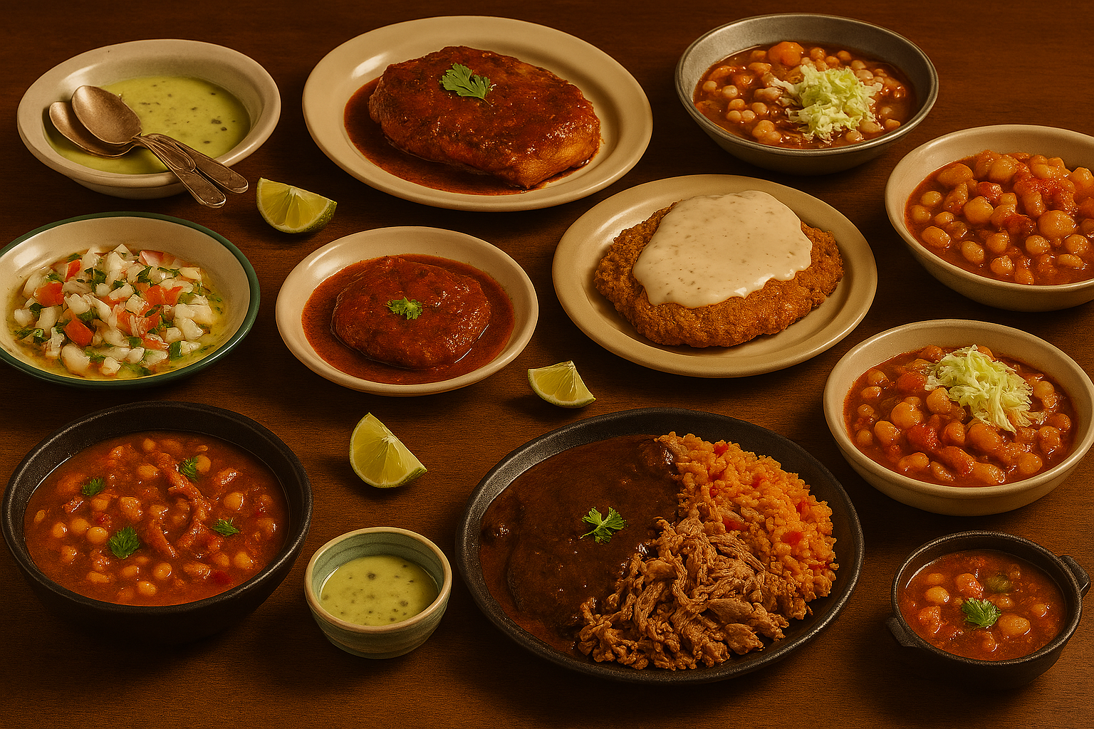 A vibrant spread of traditional Southwestern dishes arranged on a rustic wooden table. Featured dishes include a bowl of deep-red menudo with tripe and corn, ceviche with diced fish, tomatoes, onions, and cilantro garnished with lime wedges, carne adobado in red chile sauce, chicken-fried steak topped with white gravy, posole with hominy and pork in red broth, mole with turkey served alongside orange Mexican rice, and a small bowl of pale green avocado soup. The dishes are served in ceramic and stoneware bowls and plates, with warm lighting highlighting the earthy tones and rich textures of each preparation.