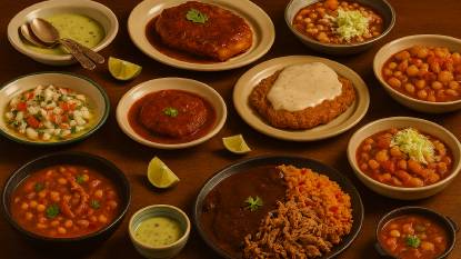 A vibrant spread of traditional Southwestern dishes arranged on a rustic wooden table. Featured dishes include a bowl of deep-red menudo with tripe and corn, ceviche with diced fish, tomatoes, onions, and cilantro garnished with lime wedges, carne adobado in red chile sauce, chicken-fried steak topped with white gravy, posole with hominy and pork in red broth, mole with turkey served alongside orange Mexican rice, and a small bowl of pale green avocado soup. The dishes are served in ceramic and stoneware bowls and plates, with warm lighting highlighting the earthy tones and rich textures of each preparation.