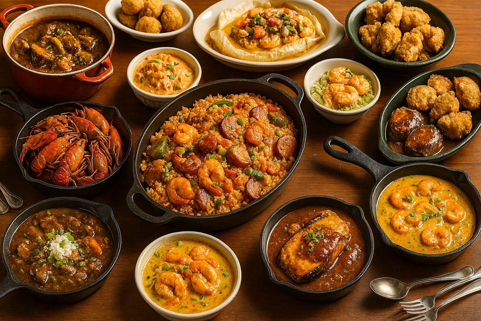 A vibrant Cajun and Creole buffet featuring jambalaya, gumbo, crawfish, shrimp étouffée, shrimp rémoulade, terrapin stew, hush puppies, fish en papillote, fried oysters, and crab-stuffed eggplant, all served in rustic cast iron and ceramic dishes on a warm wooden table.