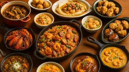 A vibrant Cajun and Creole buffet featuring jambalaya, gumbo, crawfish, shrimp étouffée, shrimp rémoulade, terrapin stew, hush puppies, fish en papillote, fried oysters, and crab-stuffed eggplant, all served in rustic cast iron and ceramic dishes on a warm wooden table.