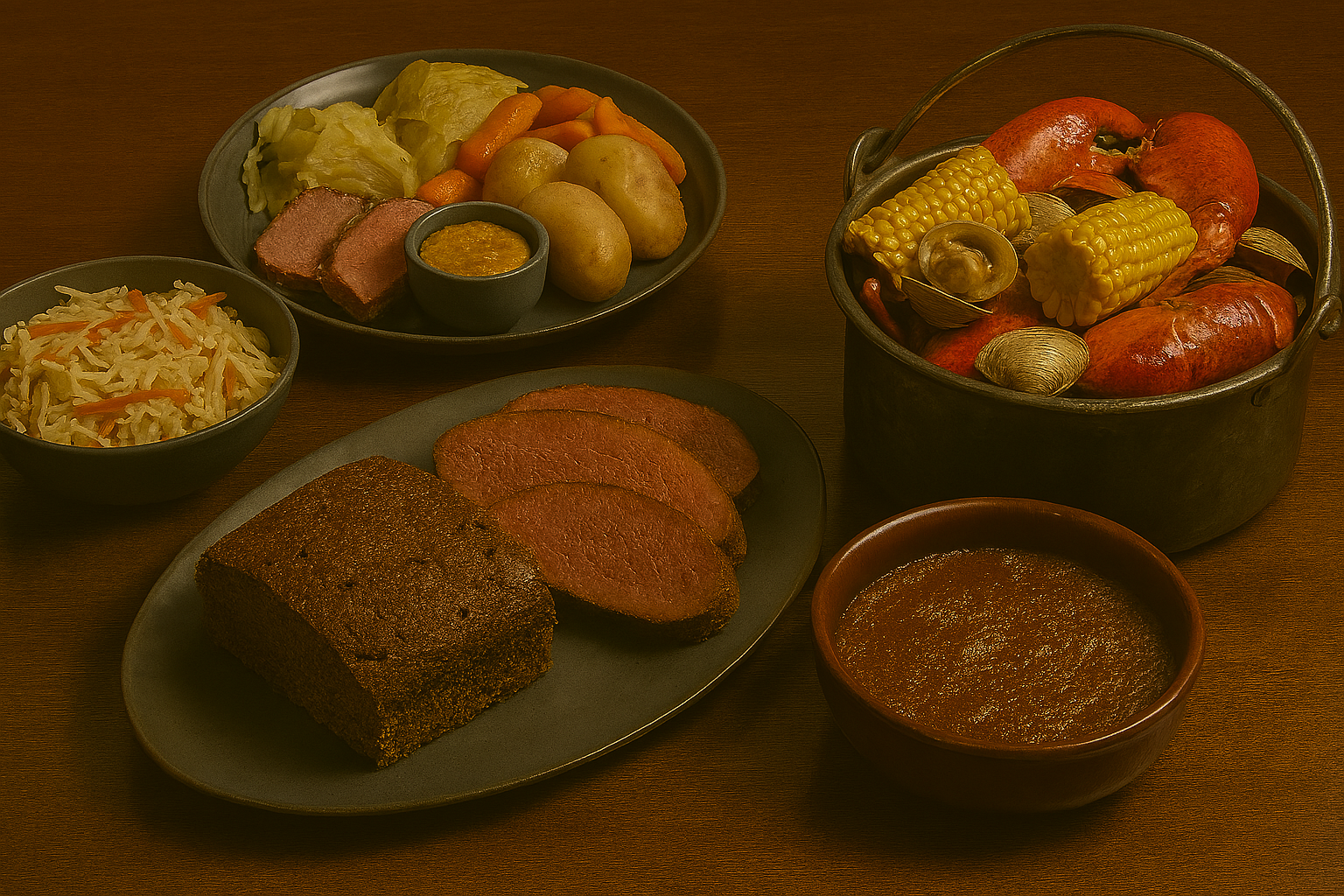 four traditional New England dishes arranged on a dark wooden table. On the left, a sliced loaf of steamed brown bread with a cracked top and dense, molasses-rich interior sits on a dark gray ceramic plate. Next to it, Indian pudding with a deep brown color and slightly cracked surface is served in a reddish-brown earthenware bowl. Centered in the image, a New England boiled dinner is plated on a round teal dish, featuring thick slices of corned beef, boiled cabbage, potatoes, and carrots, with a small bowl of mustard above the meat. On the right, a seafood clambake is presented in a large metal pot filled with bright red lobsters, open clams, and yellow corn on the cob. The lighting is warm and soft, emphasizing the rustic textures and earthy tones of the dishes