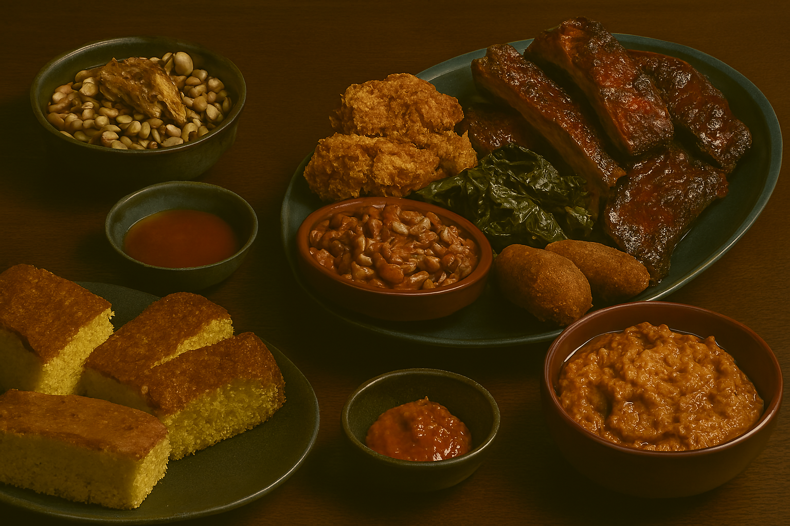 American soul food arranged on a dark wooden table. At the center, a blue ceramic plate features glazed barbecue ribs with a caramelized crust, golden fried chicken with a crisp coating, and a mound of slow-cooked collard greens. In the foreground, rectangular slices of cornbread with a golden crust and crumbly yellow interior are placed on a round dark platter. To the right, reddish-brown ceramic bowls contain red beans and rice, golden hush puppies, and creamy sweet mashed potatoes. On the left, a rustic bowl holds black-eyed peas topped with simmered pork, and a smaller bowl of Tabasco sauce sits nearby. The dishes are illuminated with warm, directional lighting that highlights their textures and rich colors, evoking warmth, tradition, and communal celebration.
